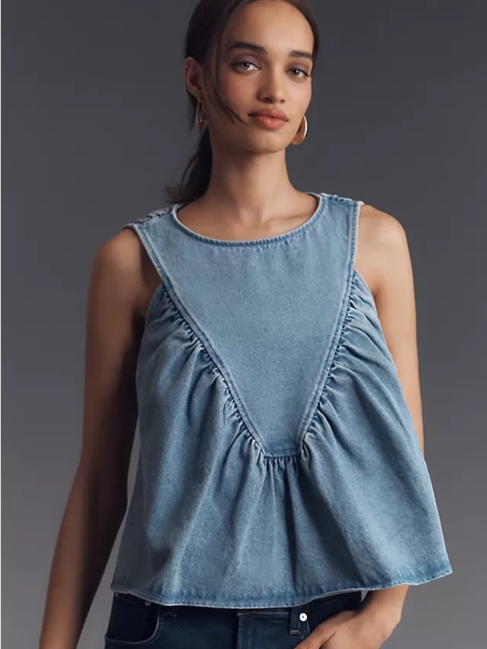 Mare Mare x Anthropologie Denim Shirred Sleeveless Peplum Popover Blouse Large